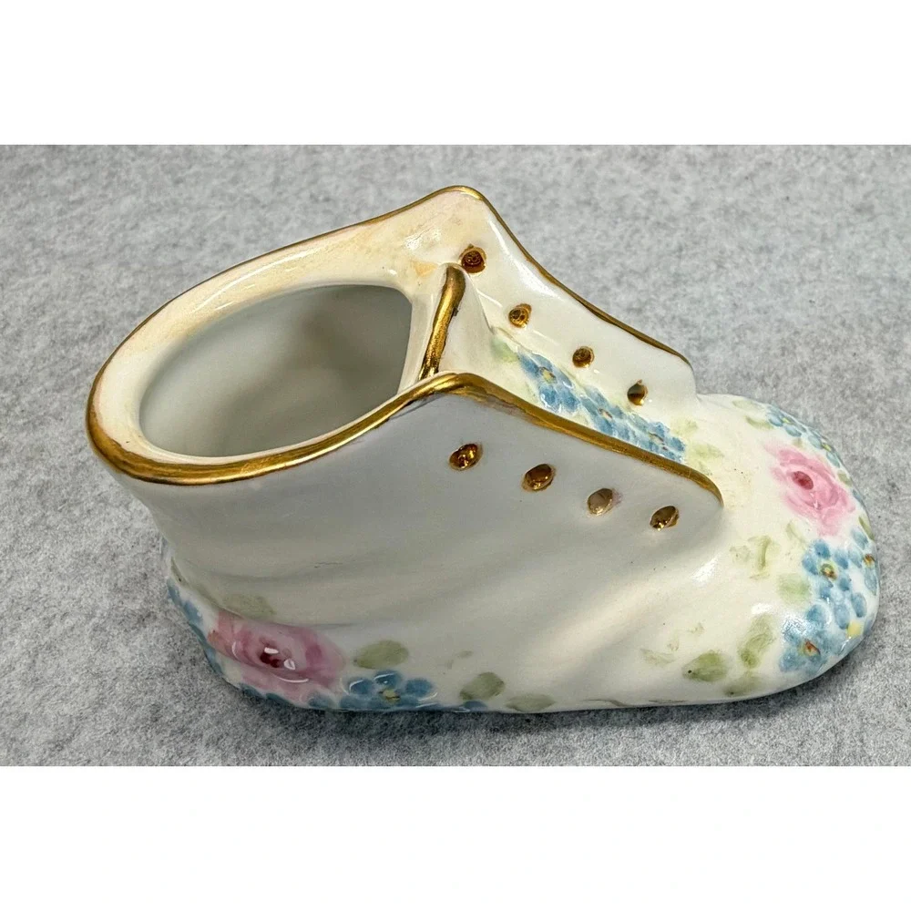 Vintage Hand Painted Porcelain Baby Shoe Figurine Floral Gold Gilt Signed 1972